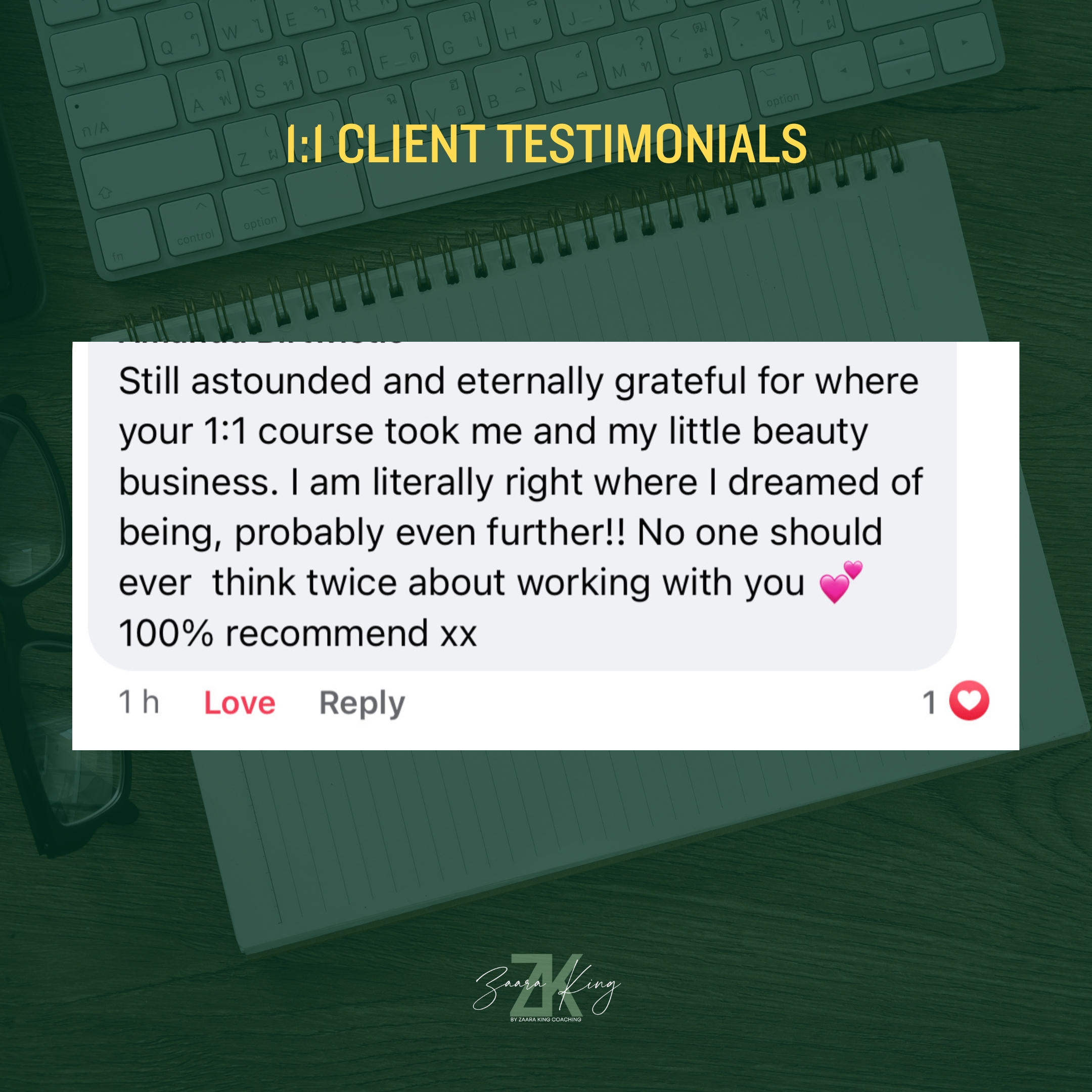 testimonial of 1:1 coaching with zaara king