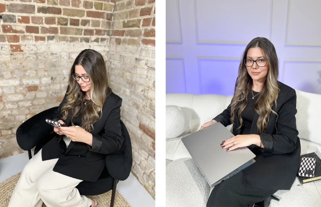 Zaara King, beauty business coach, working on her laptop and phone, building and scaling a beauty business through strategy and systems.