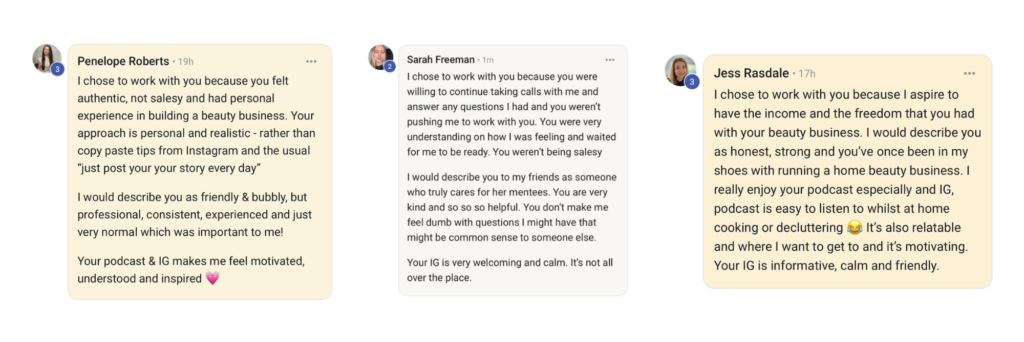 SCREENSHOTS OF client testimonial of Zaara